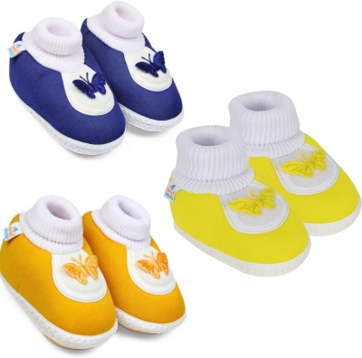 Neska Moda 6 To 12 Month 3 Pair Set Newborn Unisex Baby Skin Friendly Soft Cotton Butterfly Booties(Toe to Heel Length - 12 cm, Yellow, Turmeric, Navy)