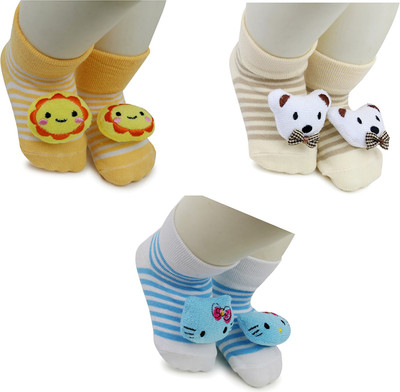 Neska Moda 3 To 12 Months Baby Set Of 3 Pair Cotton Anti Slip Face Ankle Socks/ Booties(Toe to Heel Length - 12 cm, Multicolor)