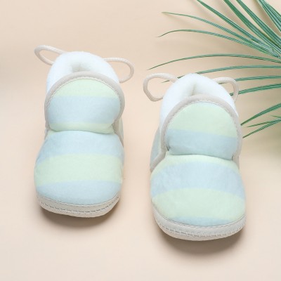 Baby Moo Broad Stripes Soft Slip-On Anti-Skid Plush Warm Baby Booties Booties(Toe to Heel Length - 12 cm, Green-1)