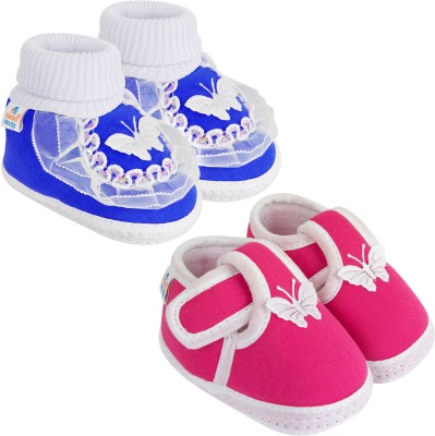 Neska Moda 3 To 12 Month Cotton Newborn Baby Booty 2 Pair Set Soft Butterfly Walking Shoe Booties(Toe to Heel Length - 12 cm, Rani, Blue)