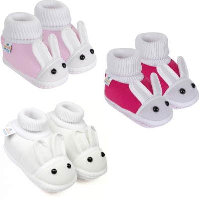 Neska Moda 6 To 12 Months Baby Boys & Baby Girls 3 Pair Combo Pack Cute Soft Cotton Rabbit Booties(Toe to Heel Length - 12 cm, Baby Pink, White, Rani)