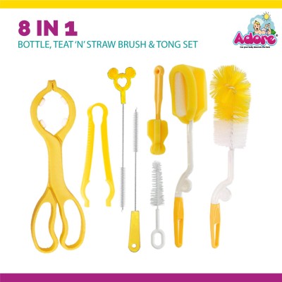 Adore 8Pc Baby Bottle Nipple Straw Brush Sponge Nylon Cleaning Bottle Tong Set(Multicolor)