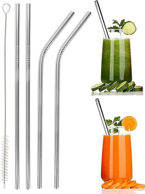 ORRISH Reusable Straw Set 5 (2 Straight+2 Bent) With Bottle Cleaning Brush(Silver)