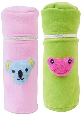MW PRINTS Soft Plush Stretchable Baby Feeding Bottle Cover Easy to Hold Strap and Zip | Suitable for 130 ML-250 ML Feeding Bottle-Green-Light Pink(Green, Light Pink)