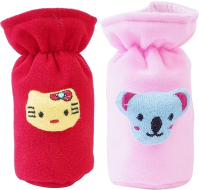 Da Anushi Soft Plush Stretchable Baby Feeding Bottle Cover Easy to Hold Strap With Cute Animated Cartoon|Suitable for 60-125 Ml Feeding Bottle(Light Pink-Dark Red)(Light Pink, Red)