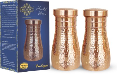 IndianArtVilla Pure Copper Bedroom Water Bottle With Inbuilt Glass & Hammered Shine Design 1100 ml Bottle(Pack of 2, Copper, Brown, Copper)