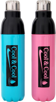 LAZYwindow Cool & Cool Pink & Sky Blue Plastic Insulated Double Layer 1000 ml Bottle(Pack of 2, Blue, Pink, Plastic)