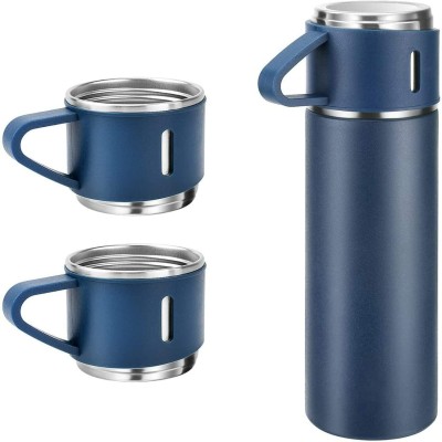 EROOP Stainless Steel Vacuum Insulated Flask Gift Set ,Two Cups Hot & Cold Thermos E8 500 ml Bottle(Pack of 1, Blue, Steel)