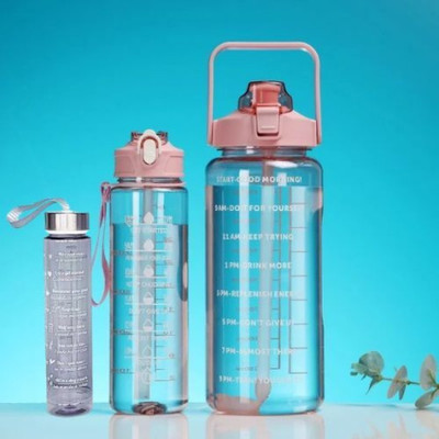 CARTSPACE Motivational Water Bottle Set of 3 2000 ml Bottle With Drinking Glass 2000 ml Bottle(Pack of 1, Multicolor, Plastic, Silicone)