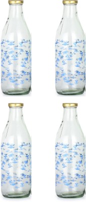 AFAST Blue Tree Glass Water/Milk Bottle, Airtight Metal Cap 1000 ml Bottle(Pack of 4, Clear, Blue, Glass)