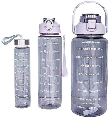 REVATAKG 3 Pcs Transparent Water Bottle 2000, 800, 300ML Motivational Time Marker & Straw 2000 ml Bottle(Pack of 3, Clear, Plastic)