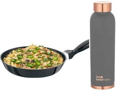 The Better Home Set of Copper Water Bottle (1L) & Non Stick Fry Pan for Stove & Induction 1000 ml Bottle(Pack of 2, Grey, Black, Copper)