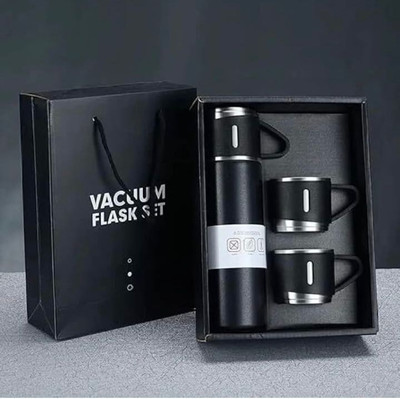 RROAR Double wall stainlesssteel flask Set 1 Vacuum bottle with 2 cups 500 ml Flask 500 ml Flask(Pack of 1, Black, Steel)