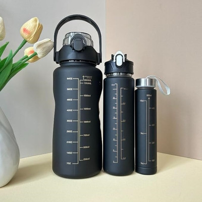 MKEENTERPRIESE Motivation water bottle 3 in one set with free bottle 2000 ml Bottle(Pack of 3, Black, Plastic)