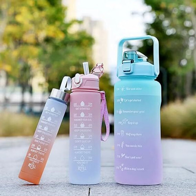 Aroowin Motivational Water Bottle Leak proof Unbreakable Bottle Set of 3 (Multicolor) 2000 ml Bottle(Pack of 3, Multicolor, Plastic)