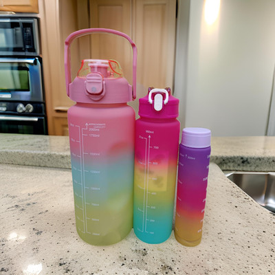 PRIMEFINDS Set of 2 Gradient Water Bottles (900 ml & 300 ml) - Pink Blue Yellow 1200 ml Bottle(Pack of 2, Multicolor, Silicone)