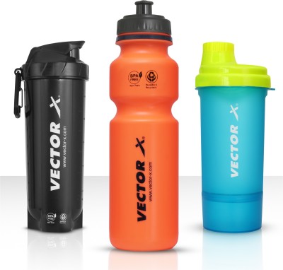 VECTOR X Sports Combo Of Protein Shakers & Water Sipper Pack of 3 workout Sippers 750 ml Shaker(Pack of 3, Multicolor, Plastic)