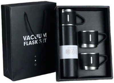EROOP Stainless Steel Vacuum Insulated Flask Gift Set ,Two Cups Hot & Cold Thermos E47 500 ml Flask(Pack of 1, Black, Steel)