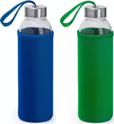 RKPL Borosilicate Glass Water Bottle With Cover Stainless steel Lid 500 ml 500 ml Bottle(Pack of 2, Multicolor, Glass)