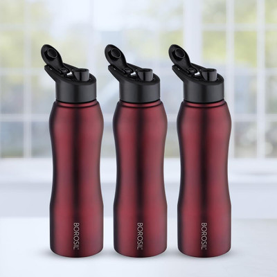 BOROSIL Grip N Sip Single Wall Bottle 750 ml Bottle(Pack of 3, Maroon, Steel)