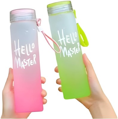 DROPANY Hello Master Borosilicate Water Bottle Home Office Gym Picnic Glass Bottle 500 ml Bottle(Pack of 2, Multicolor, Glass)