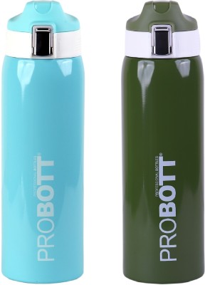 PROBOTT Icon 1000ml Stainless Steel Vacuum Insulated Flask, Hot & Cold Water Bottle 1000 ml Flask(Pack of 2, Light Blue, Green, Steel)