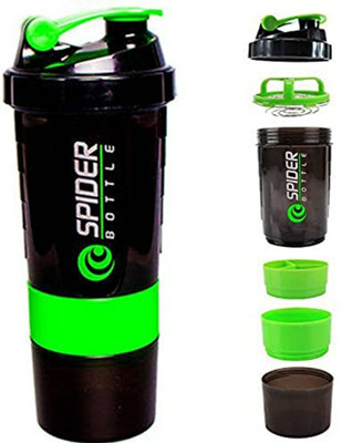 BOLDHIGH 3 in 1 Protein Milk Shaker/Protein Powder Shaker/Sports Water Bottle 500 ml Shaker(Pack of 1, Black, Green, Plastic)