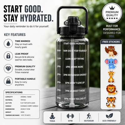 Cronus Pack of 1 LargeCapacity Water Bottle Motivational trasparent travel bisycle 2000 ml Bottle 2000 ml Bottle Plastic