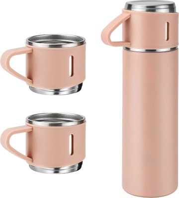 LookLike Stainless Steel Vacuum Flask Set with 3 Steel Cups Combo Bottle Green 500 Ml 500 ml Bottle With Drinking Glass(Pack of 1, Beige, Steel)