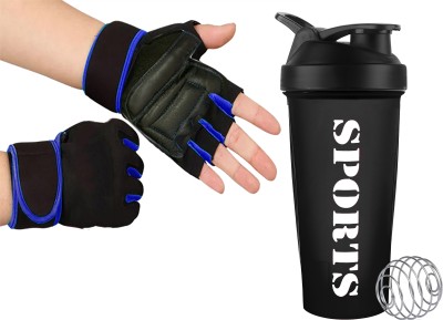 TRUE INDIAN Premium Quality Protein Shaker & Sipper Bottle with Sports Gloves for Men Women 600 ml Shaker(Pack of 2, Black, Blue, Plastic)