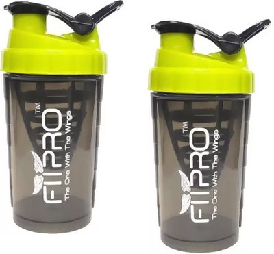 FitPro 500 ml Plastic Shaker(Pack of 2, Black, Green)