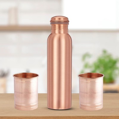 sf hospitality Pure Copper 1 Litre Water Bottle with 2 Copper Glass Drinkware Gift Set 1000 ml Bottle With Drinking Glass(Pack of 3, Copper, Copper)