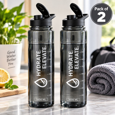 DecorDine 1L Motivational Water Bottle with Time Marker Sipper BPA Free Pack of 2 1000 ml Plastic Bottle(Pack of 2, Black)
