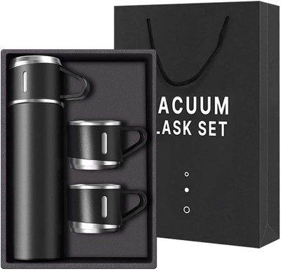 Rapid Vacuum Insulated Flask Set 3-Cups set for Hot & Cold Drink Set [Upto 12-Hours] 500 ml Flask(Pack of 3, Black, Steel)