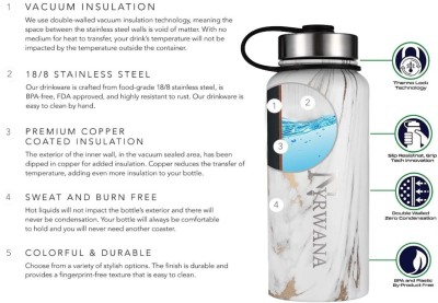 NYRWANA DELIVERING SMILES IN INIDA Sports Water Bottle Thermos with 3 Lids 1 straw Double Wall Steel Flask/Tumbler 1000 ml Bottle(Pack of 1, White, Steel)