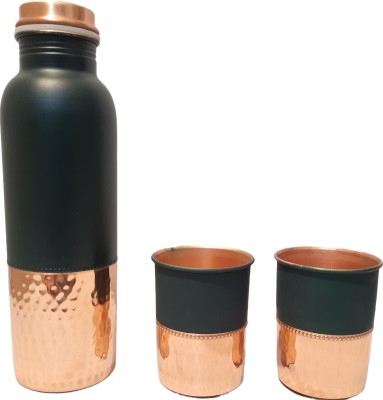 aashi home product Copper water bottle 1ltr gift set with 2 Glass Meena print Green Half Hammer 1000 ml Bottle With Drinking Glass(Pack of 3, Green, Copper)