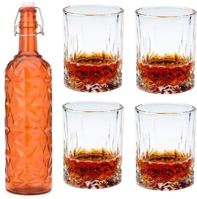 1st Time Exquisite 5 Piece Beverage Glass Set with Featuring Elegant Orange Bottle 1000 ml Bottle With Drinking Glass(Pack of 5, Orange, Glass)