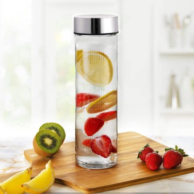 Takositio Glass Water Bottle with Leak-Proof Airtight Stainless Steel Lid 750 ml Bottle(Pack of 1, Clear, Glass)