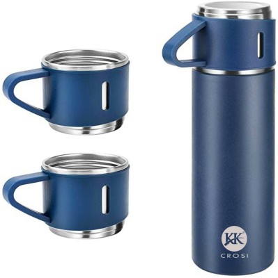 K K CROSI Steel Vacuum Flask Bottle Set with 3 Steel Cups Combo-Keeps HOT/Cold- for Gift 500 ml Flask(Pack of 1, Blue, Steel)