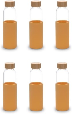 KUBER INDUSTRIES Round Sleeve Glass Water Bottle & Bamboo Lid|XB5501-YEL|550 ML|Set of 6|Yellow 550 ml Bottle(Pack of 6, Yellow, Glass)