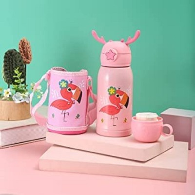SHUANG YOU Double Walled Vacuum Insulated Bottle Thermos Flask with Straw Cartoon Design 500 ml Bottle(Pack of 1, Pink, Steel)
