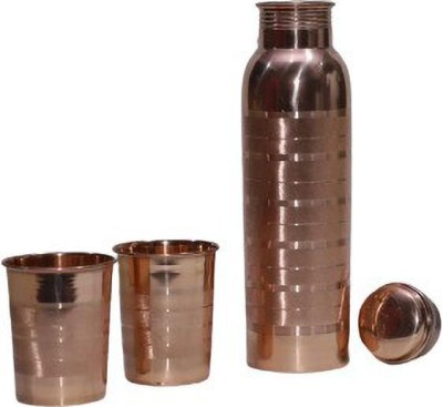 Shakuntla Handicraft Copper Hammered 2 Glass (300 ml) Set of 3 Pieces Dirt and Joint, Water Bottle 1000 ml Bottle(Pack of 3, Gold, Copper)