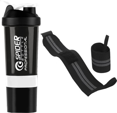 TRUE INDIAN Premium Protein Shaker Bottle With Wrist Support Band For Gym Sport & Exercise. 500 ml Shaker(Pack of 2, White, Black, Plastic)