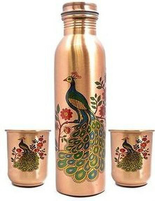 BRIJAZA Pure Peacock Printed One Bottles and Two Glass set (Bottles 1000ml/Glass 350ml) 1000 ml Bottle With Drinking Glass(Pack of 1, Copper, Copper)