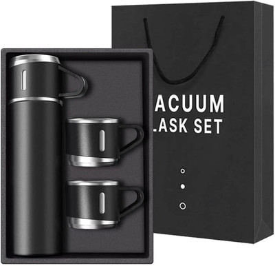 Rapid Vacuum Insulated Flask Set 3-Cups set for Hot & Cold Drink Set [Upto 12-Hours] 500 ml Flask(Pack of 3, Black, Steel)