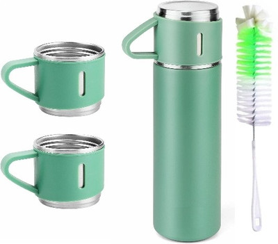ICONIX Vacuum Flask set 3 Cup set for Hot & Cold BPA Free with Nylon Brush Combo Pack 500 ml Flask(Pack of 2, Green, Steel)