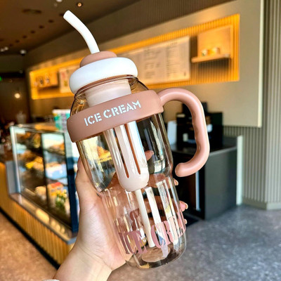 Kahaan enterprise Water Bottle with Straw and Handle Transparent Tumbler Ice Cream Insulated 1300 ml Bottle(Pack of 1, Multicolor, Plastic)