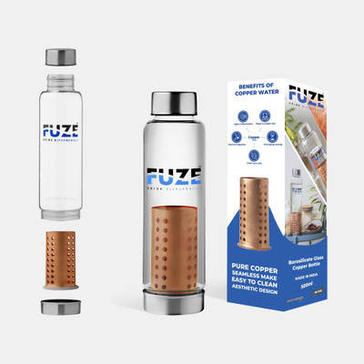 FUZE Borosilicate Glass Bottle with Removable Copper Filter. 500 ml Bottle(Pack of 1, Green, Glass)