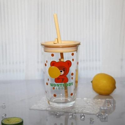 Coozico Printed Dot Teddy Sipper container Set of 1 Pc 400 ml Glass Water/Juice Glass(400 ml, Glass, Multicolor)