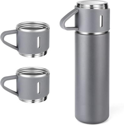 VRP Vacuum Insulated Flask set with 2 Cup for Hot and Cold Drink Flask Bottle 500 ml Flask(Pack of 1, Grey, Steel)